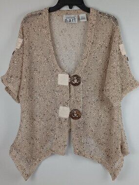 Keren Hart Womens L Beige Open Knit Wooden Buttons Sharkbite Lagenlook Sweater‎